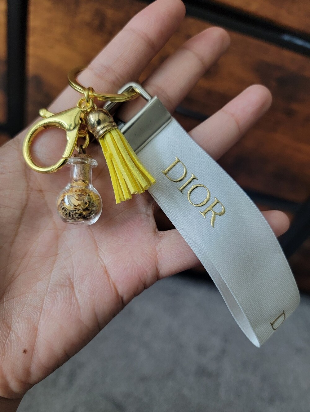 Dior White Ribbon and Yellow Tassel Key Charm with Gold Hardware